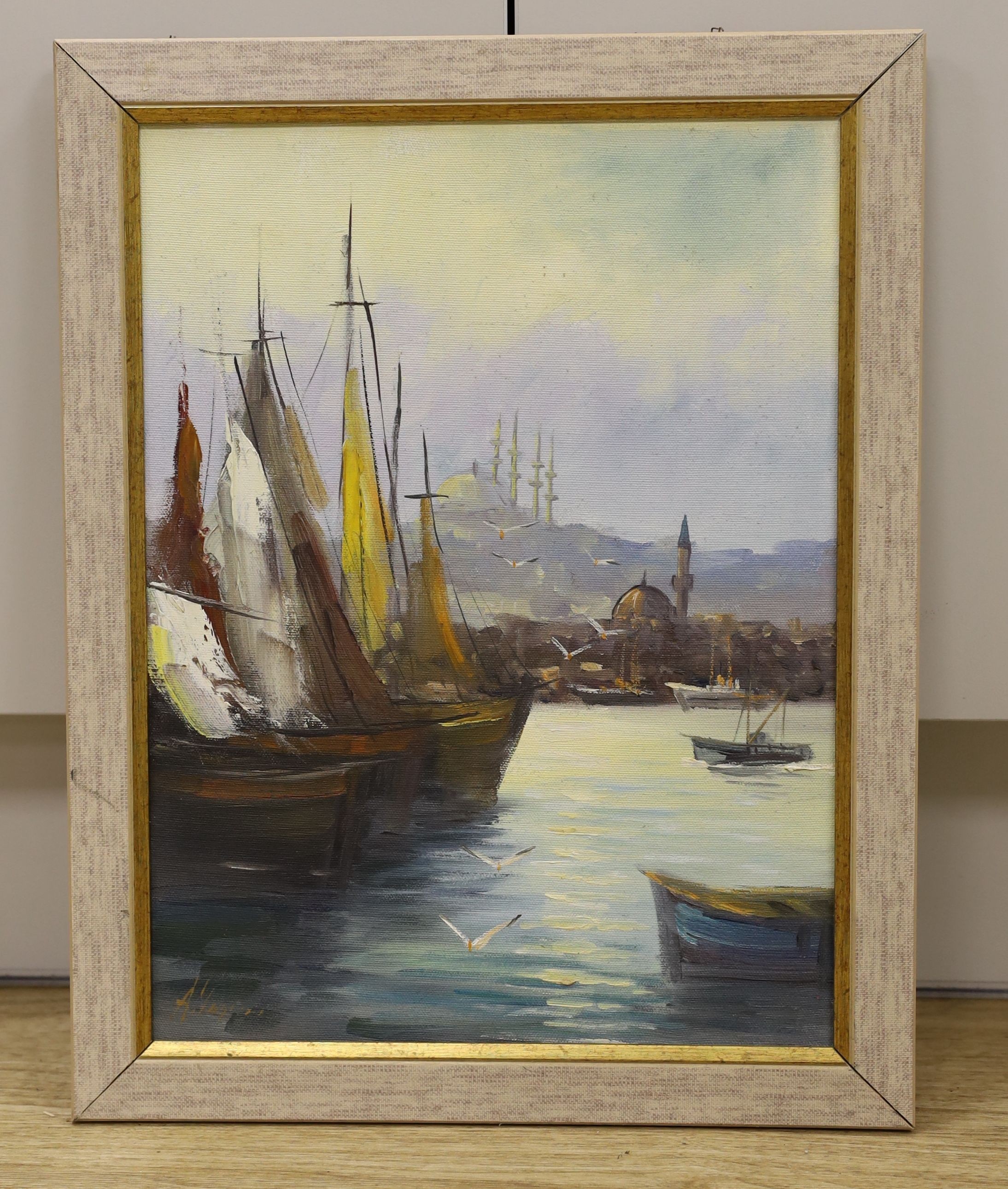 Turkish School, oil on canvas, Istanbul Harbour, indistinctly signed, 38 x 29cm